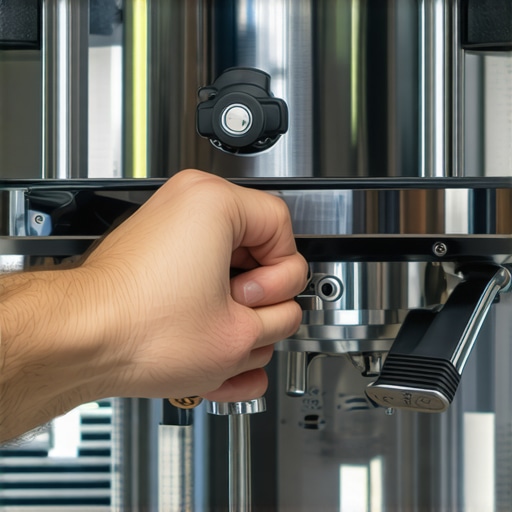 A barista calibrating a commercial espresso machine using a digital caliper and cleaning tools in a clean kitchen environment.