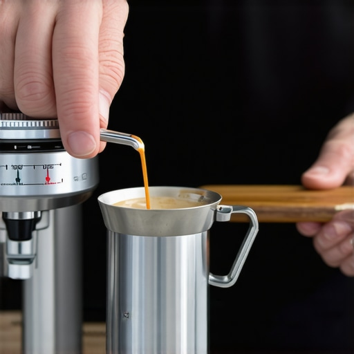 Close-up of a barista's hand weighing coffee grounds with a digital scale beside a portafilter.