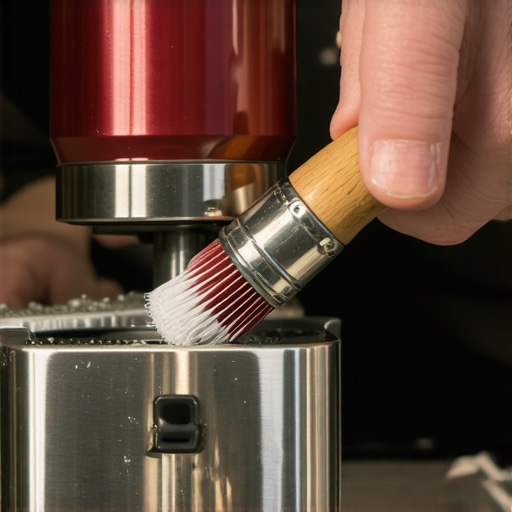 A close-up of hands using a soft brush to clean coffee grinder burrs, emphasizing the importance of proper maintenance.
