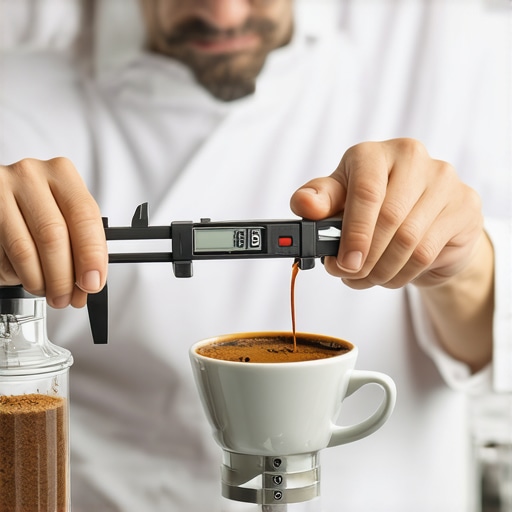 A barista using a digital caliper to calibrate a coffee grinder in a modern espresso setup.