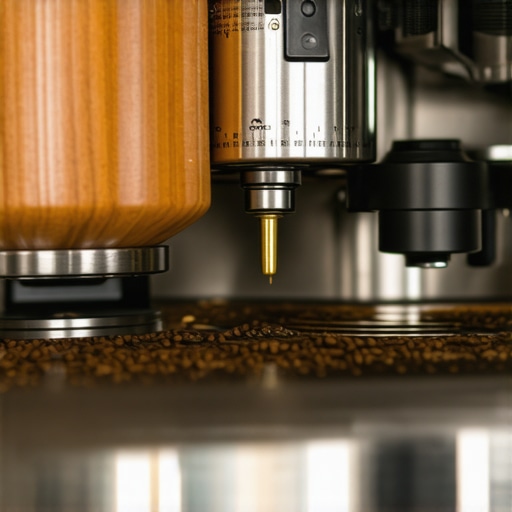 A detailed shot of a person adjusting a coffee grinder with focus on burrs and settings.
