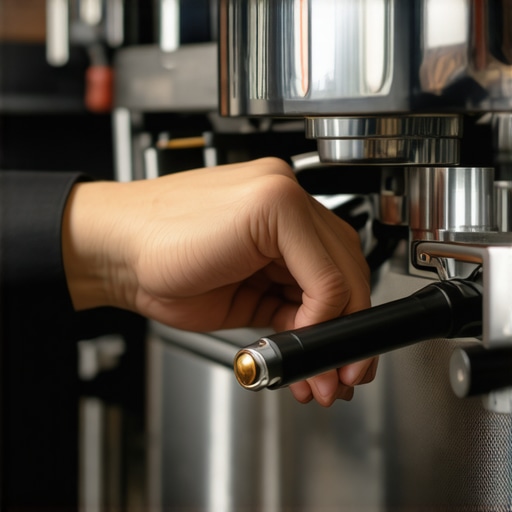 Barista fine-tuning an espresso machine with tools in a well-lit kitchen
