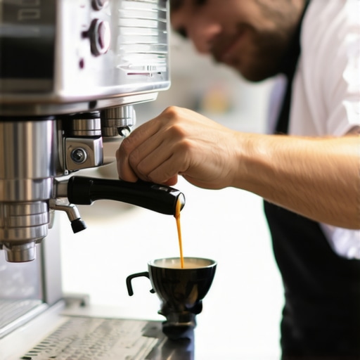 Barista cleaning an espresso machine's group head with a brush and toolkit