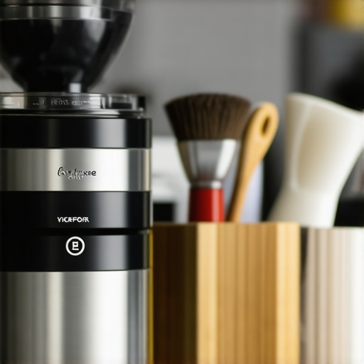 Detailed view of a barista cleaning a coffee grinder with a brush