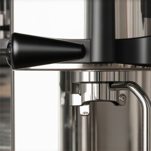 A detailed shot of a barista using cleaning tools on an espresso machine's group head.