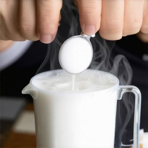 A barista gently applying a frozen spoon to steaming milk to save over-aired foam