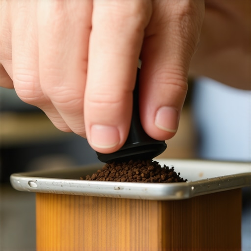 A barista pressing coffee grounds evenly into an espresso basket using a tamper with a pressure gauge