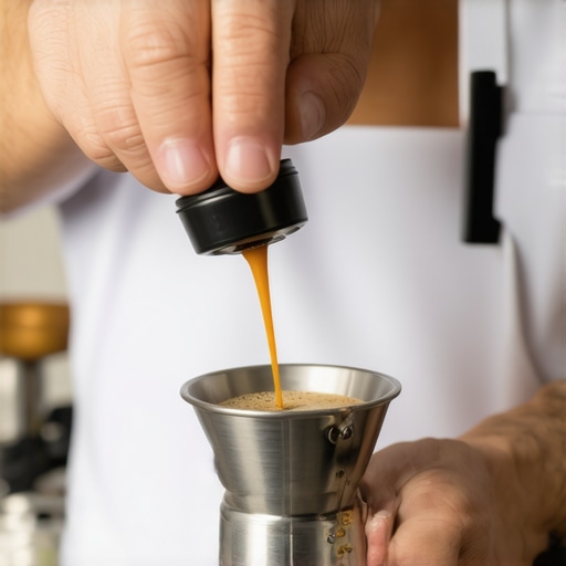 A barista pressing coffee grounds with even pressure in a portafilter for espresso brewing