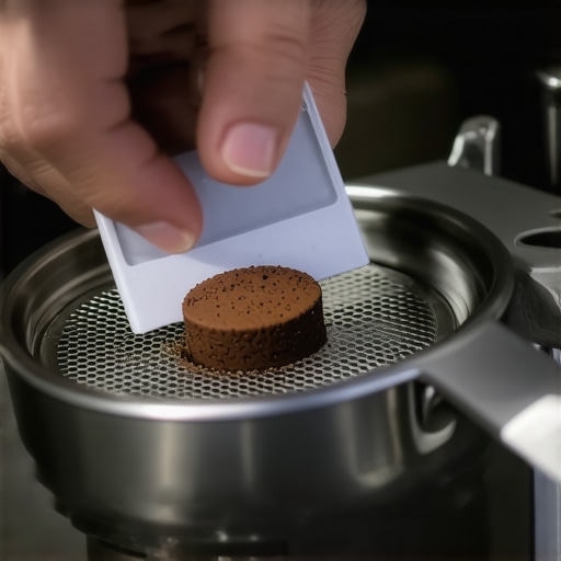 Person gently scraping coffee grounds from the shower screen of an espresso machine with a plastic tool