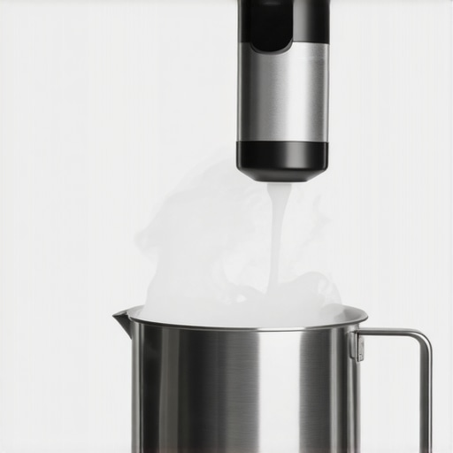 Close up of steam wand creating a vortex in a milk pitcher for microfoam