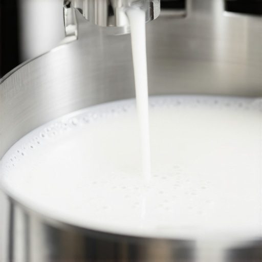 A steam wand creating a vortex in a milk pitcher for latte art