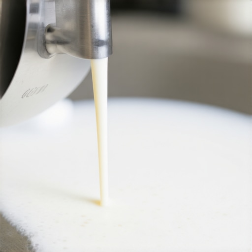 Close up of milk steaming in a pitcher showing the correct wand depth and vortex.