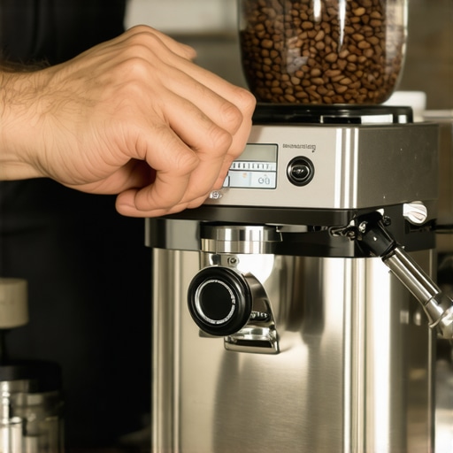 Adjusting the Grinder Dial for Precision Close-up of a barista adjusting a coffee grinder dial to account for humidity changes.