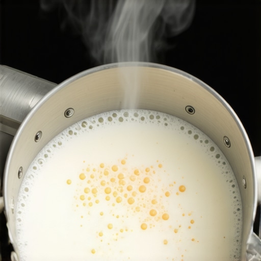 A macro shot of a four-hole steam tip creating a perfect milk whirlpool in a pitcher.
