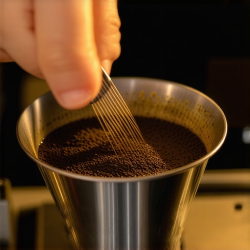 A barista using a needle-based WDT tool to distribute espresso grounds in a portafilter.