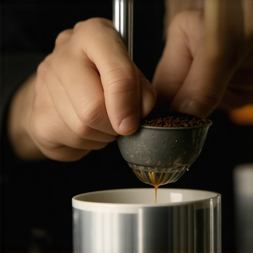 Advanced espresso puck distribution technique Barista using a WDT needle tool on coffee grounds in a portafilter