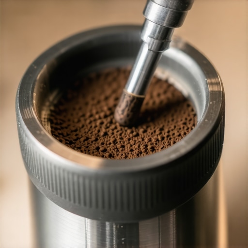 A detailed view of stainless steel coffee grinder burrs showing alignment marks.
