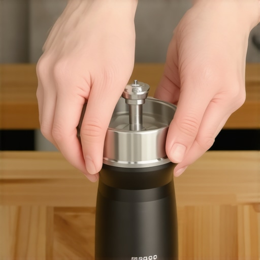 Close-up of hands correctly seating a coffee grinder burr carrier to engage safety sensors.