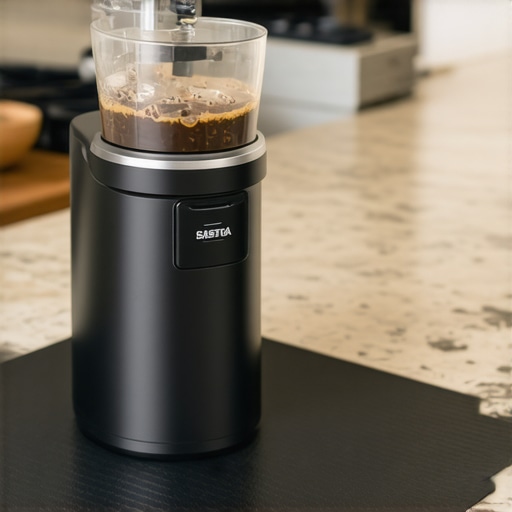 High-density silicone mat under a coffee grinder to reduce noise and vibration on a kitchen counter.