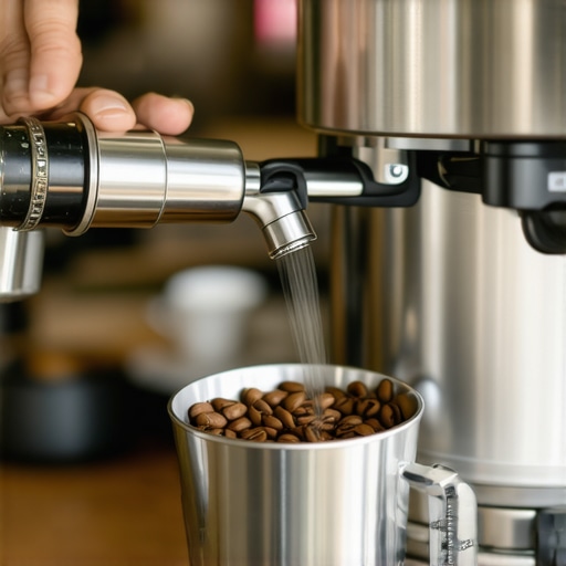Applying RDT to coffee beans Barista spraying coffee beans with water to reduce static retention before grinding.