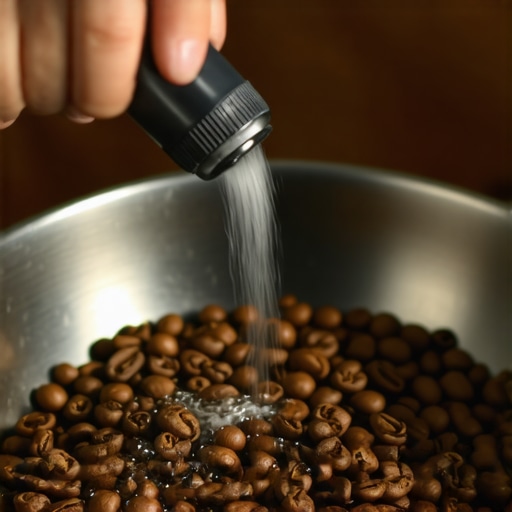 A barista misting coffee beans with water to reduce static before manual grinding.