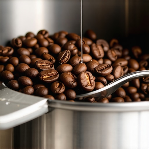 A spoon adding a drop of water to coffee beans in a grinder hopper to reduce static.