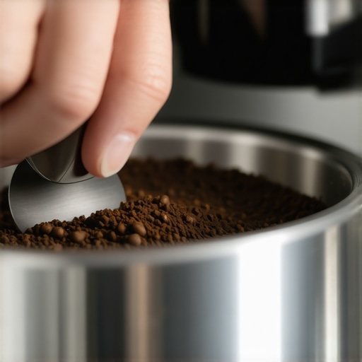 A close-up shot showing the process of leveling coffee grounds in an espresso portafilter for even extraction.