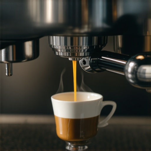 A close-up shot of water and steam being purged from an espresso machine group head to stabilize temperature.