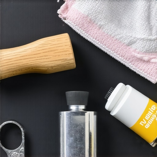 Barista tool maintenance kit on counter Disassembled portafilter handle next to maintenance tools on a coffee tamping mat