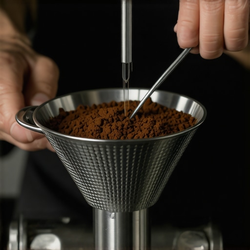 Barista using a WDT distribution tool in a portafilter Close-up of WDT needle tool distributing coffee grounds in a portafilter basket
