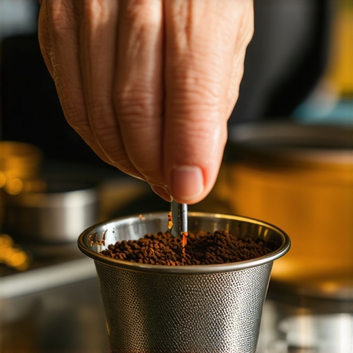 A professional barista breaking up clumps in coffee grounds using thin needles for better espresso extraction