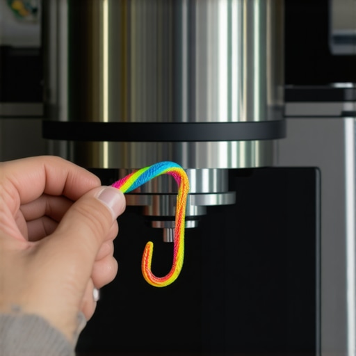 A hand preparing a pipe cleaner tool to clean a coffee grinder discharge chute.