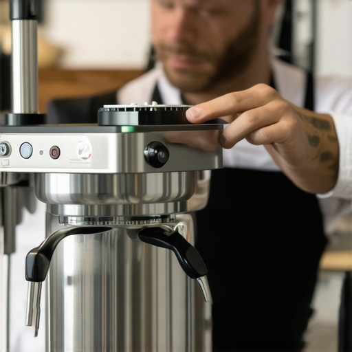 A close up of a barista using a spirit level on an espresso machine to fix uneven flow.