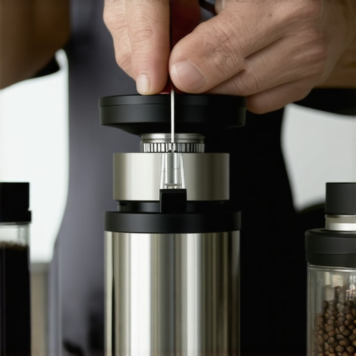 Hands using a pipe cleaner to remove coffee grounds from a grinder chute.