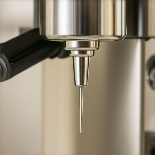 Technician using a needle to clear milk residue from the holes of an espresso machine steam wand tip.