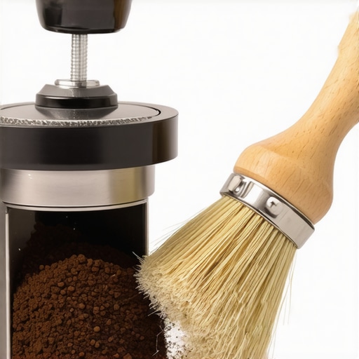 Close up of a barista cleaning old coffee grounds from a grinder chute with a brush