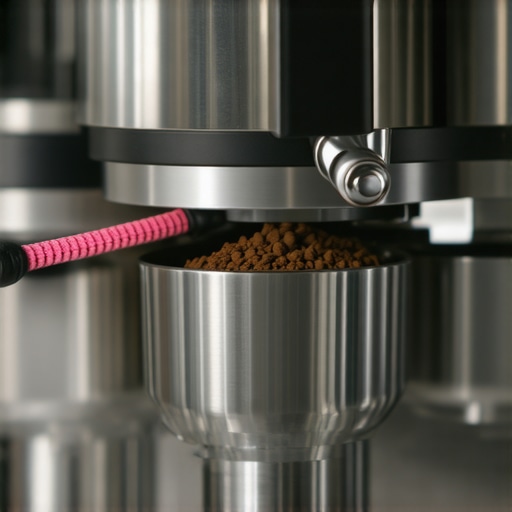 Close-up of a pipe cleaner being used to remove coffee residue from a grinder chute.