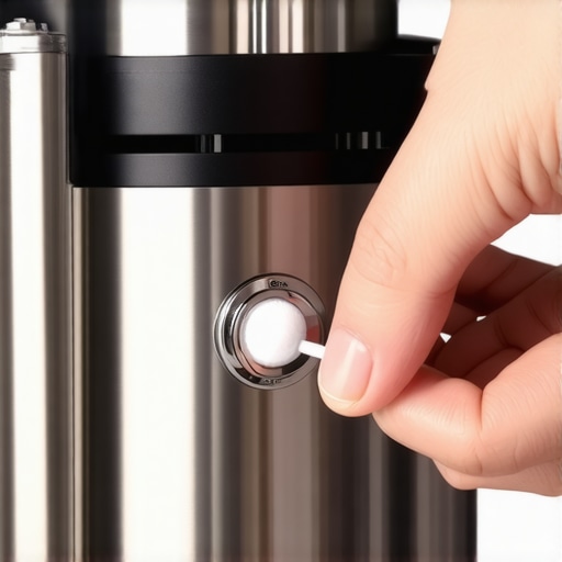 Close-up of cleaning a sticky espresso grinder power button with a Q-tip