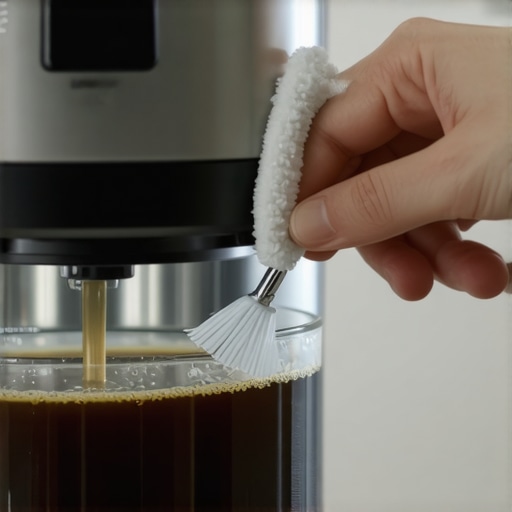 Cleaning an espresso machine water reservoir Hands scrubbing the inside of a clear coffee machine water tank with a brush to remove biofilm.