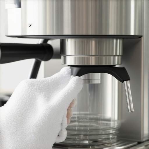 Person wiping down a clear espresso machine water reservoir with a cloth