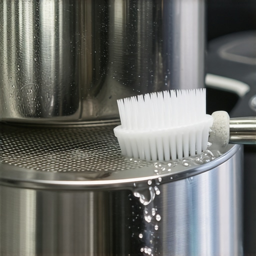 A person using a soft toothbrush to clean a delicate milk frother screen.