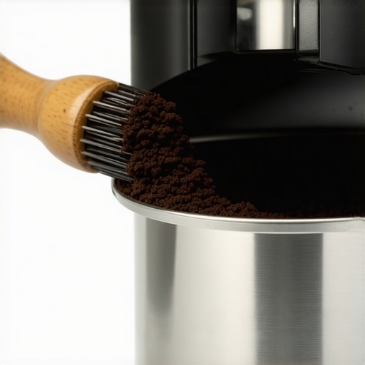 Close up of a barista cleaning old coffee out of an espresso grinder chute with a brush.