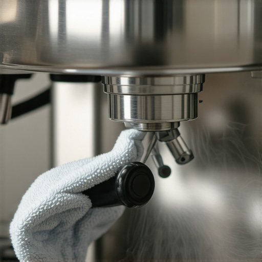 Professional barista cleaning a steam wand with a microfiber cloth