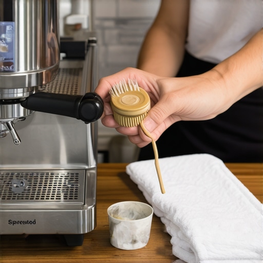 Cleaning the Espresso Machine Group Head A barista cleaning the group head of a high-end espresso machine to ensure longevity and taste.