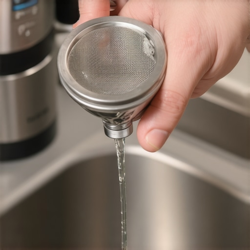 A person cleaning a mesh filter from an espresso machine water tank.