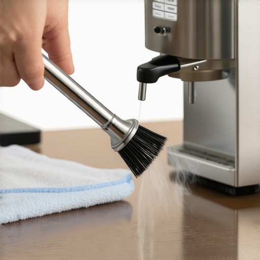 A barista cleaning a stainless steel steam wand tip with a specialized brush to maintain milk foam quality.