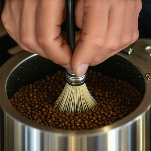 A hand cleaning the coffee grounds out of an espresso grinder chute using a pipe cleaner.