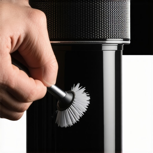 A person cleaning coffee dust from a grinder speaker grill with a brush