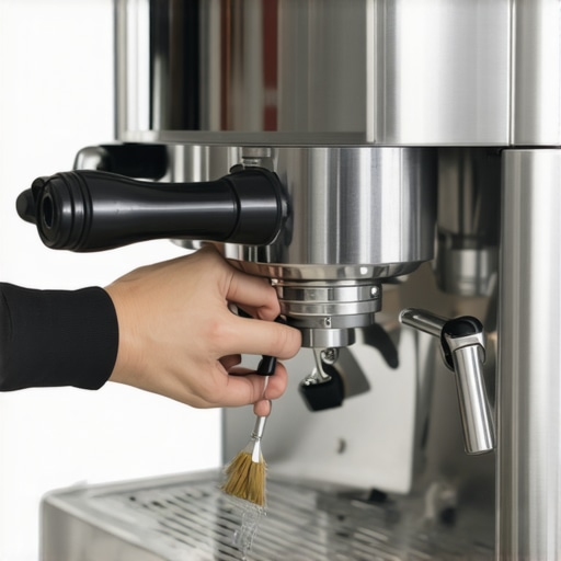 Close up of cleaning a coffee machine group head with a brush in a home station