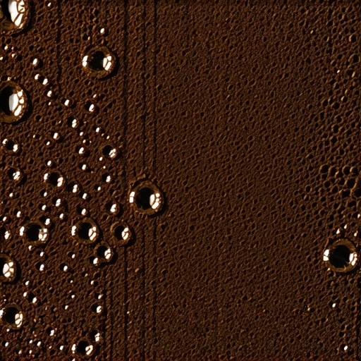 A macro view of an espresso puck showing signs of uneven extraction and channeling.